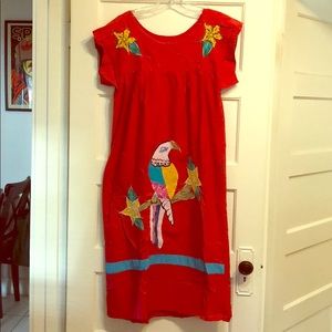 Red vintage embroidered peasant tunic parrot dress